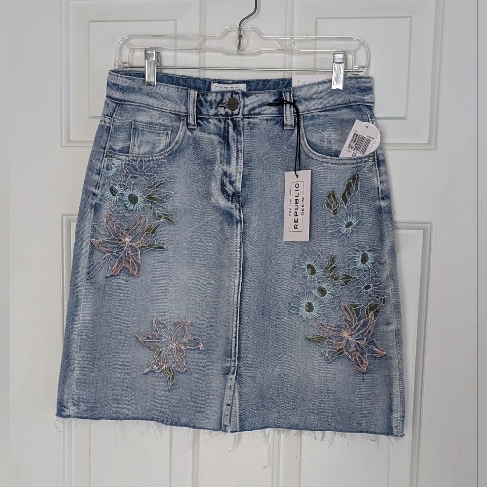 For The Republic Embroidered Denim Skirt